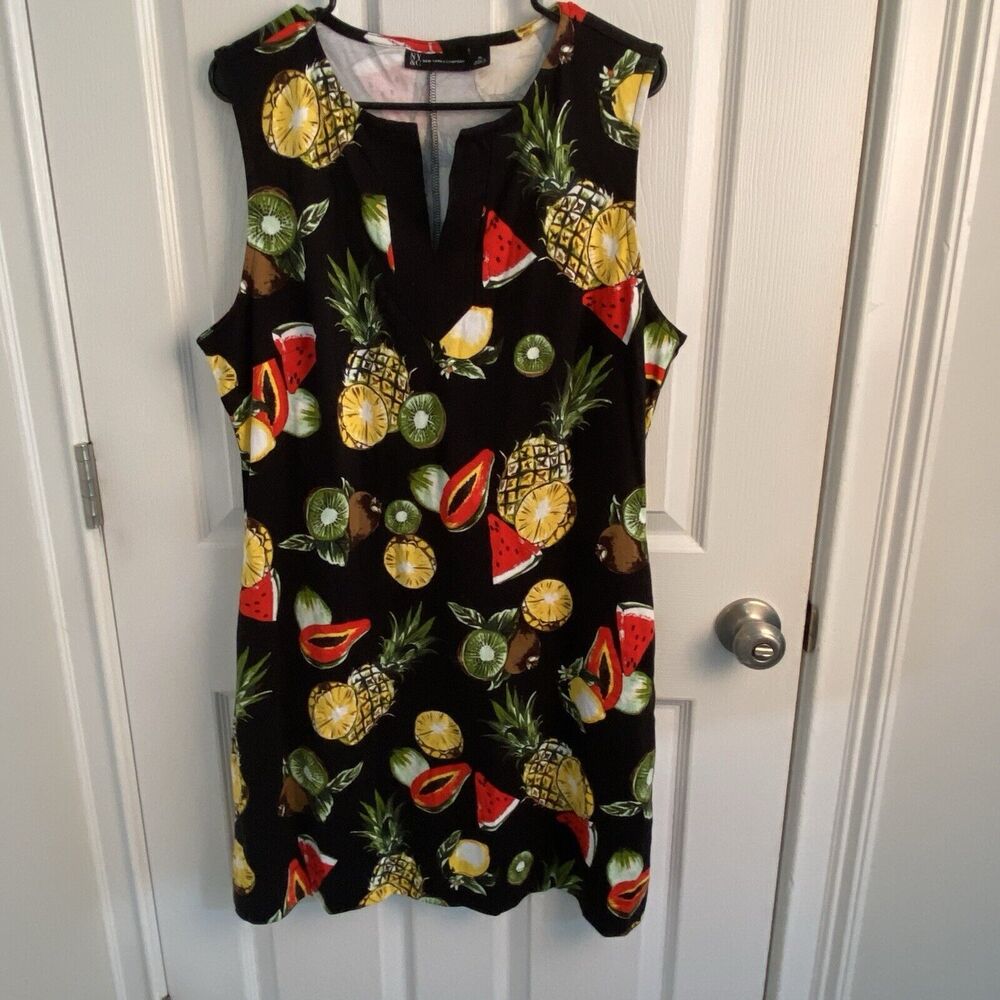 New York & Company Dress Size XL Fruit Print Sleeveless V-Neck Cotton Black - Picture 3 of 9